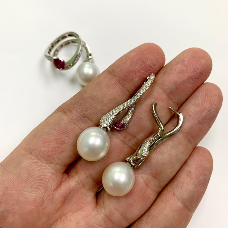 South Sea Pearl, Pink Sapphire, Diamonds 18K White Gold Earrings, E 0008-0