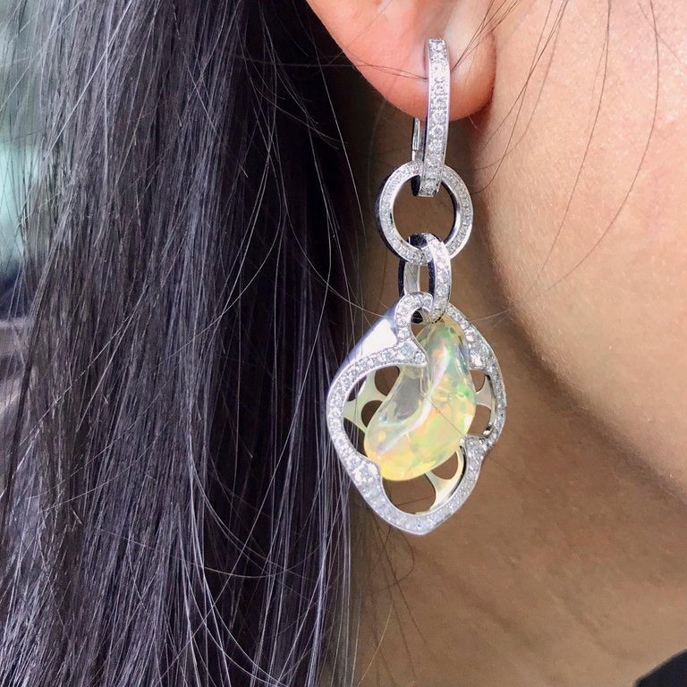 Mexican Fire Opal, Diamonds 18K White Gold Earrings, E 0028-0/2