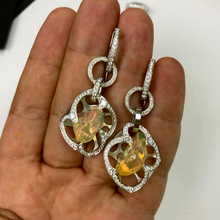 Mexican Fire Opal, Diamonds 18K White Gold Earrings, E 0028-0/2