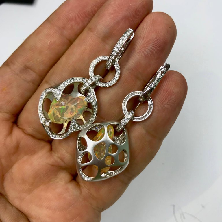 Mexican Fire Opal, Diamonds 18K White Gold Earrings, E 0028-0/2