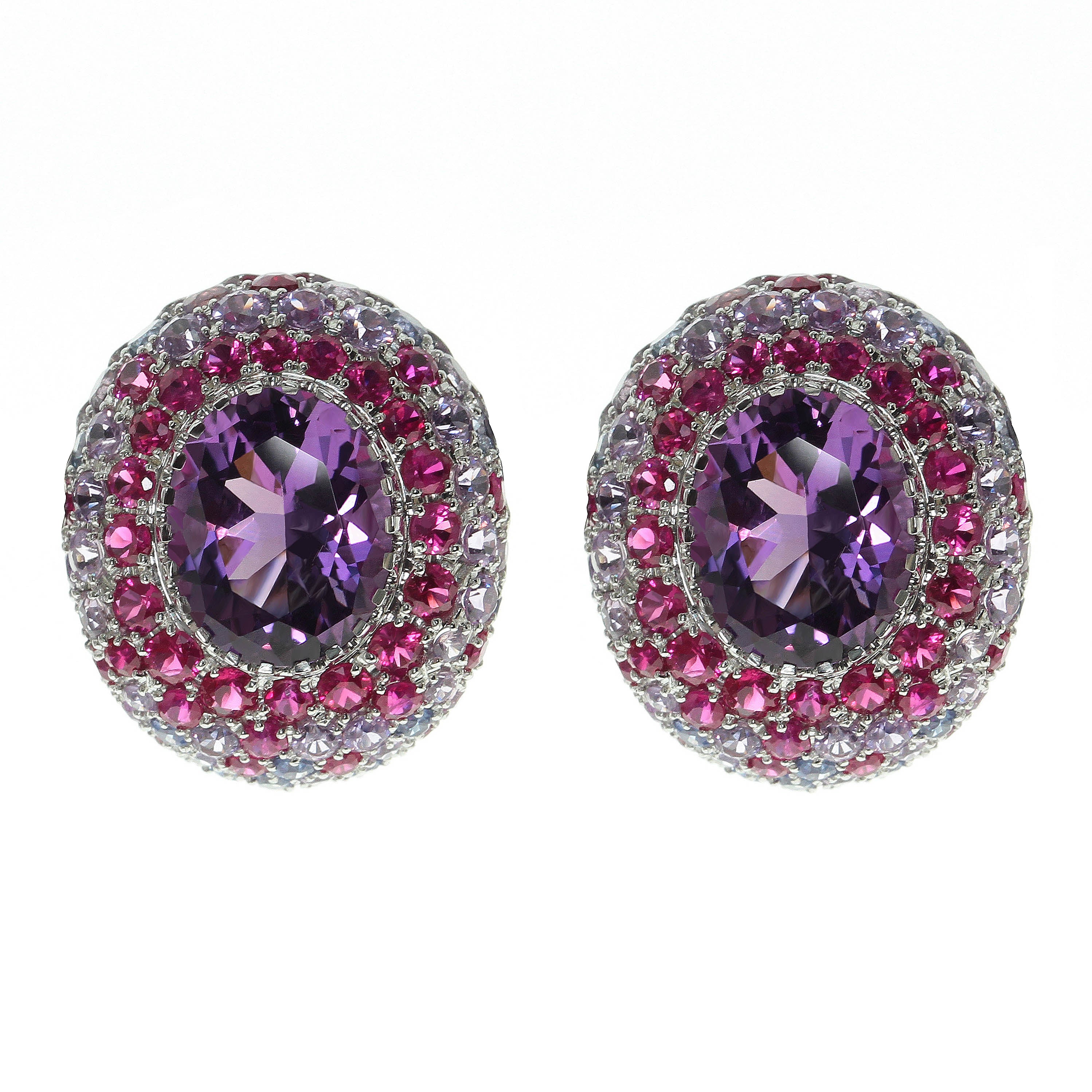 E 0040-2, 18K White Gold, Amethyst, Sapphires, Ruby Earrings