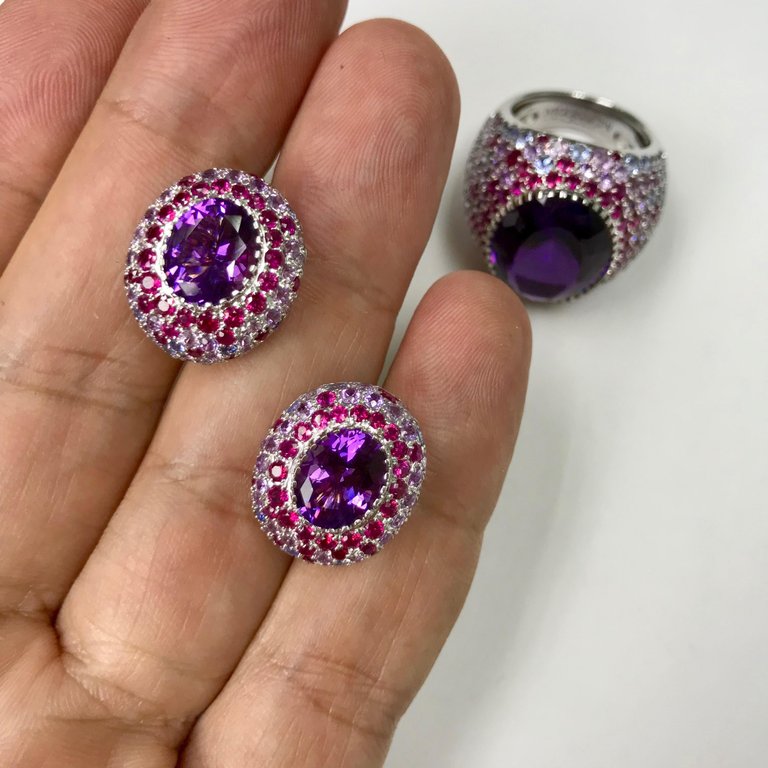 Amethyst, Purple Sapphires, Ruby 18K White Gold Earrings, E 0040-2