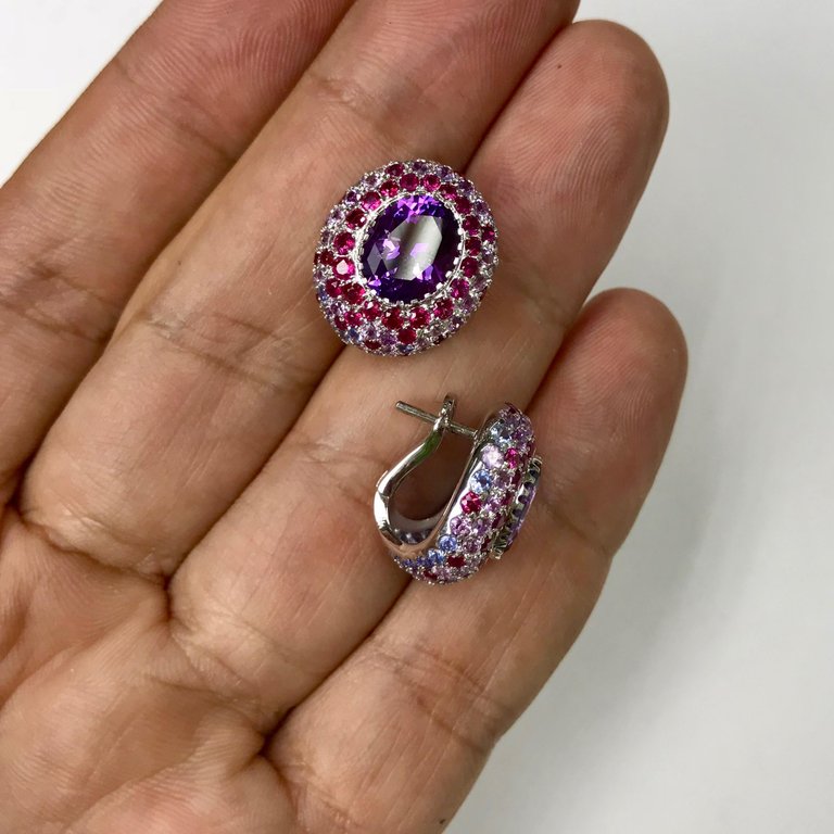 Amethyst, Purple Sapphires, Ruby 18K White Gold Earrings, E 0040-2