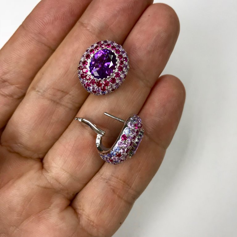 Amethyst, Purple Sapphires, Ruby 18K White Gold Earrings, E 0040-2