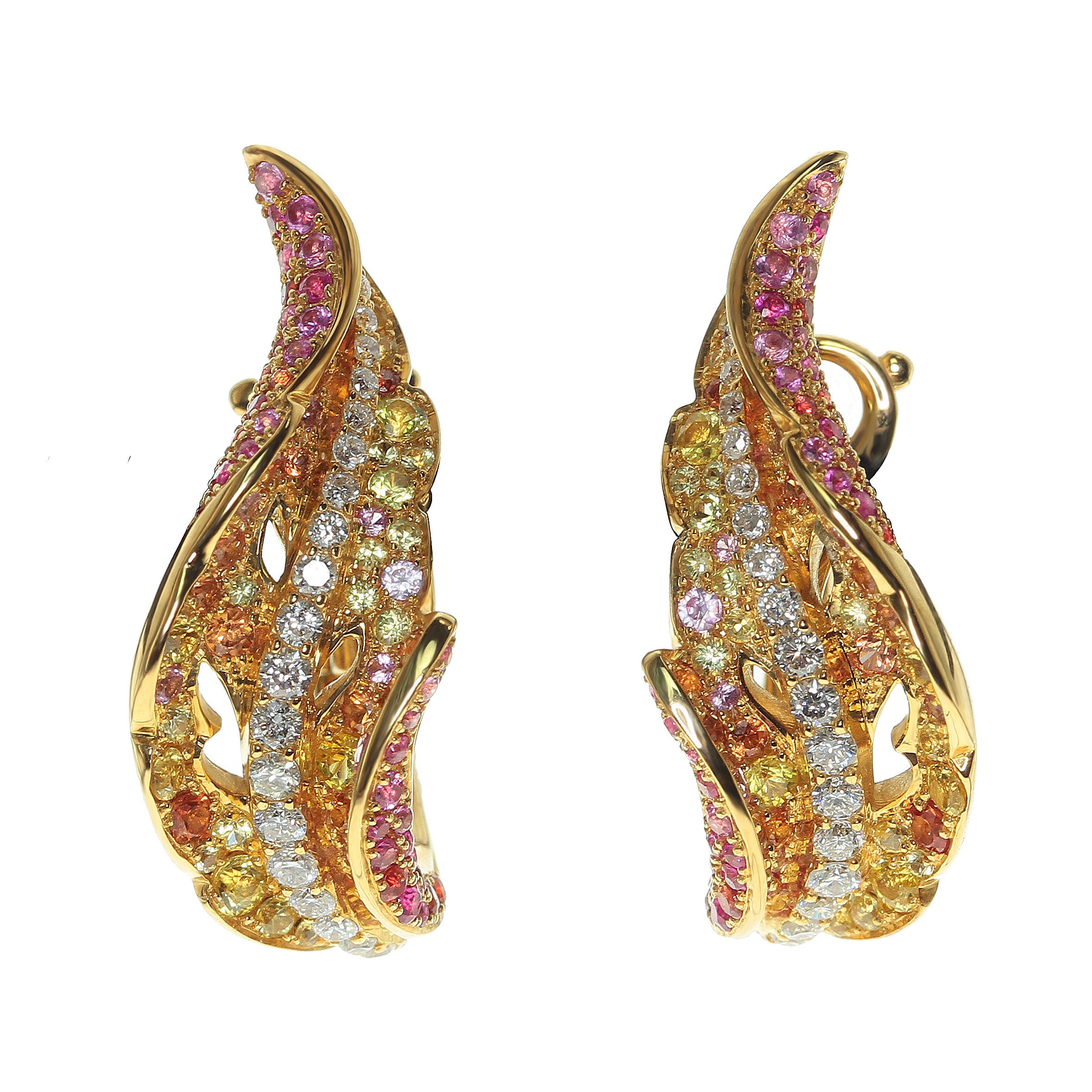 Diamonds, Orange, Yellow and Pink Sapphires 18K Yellow Gold Earrings, E 0042-0