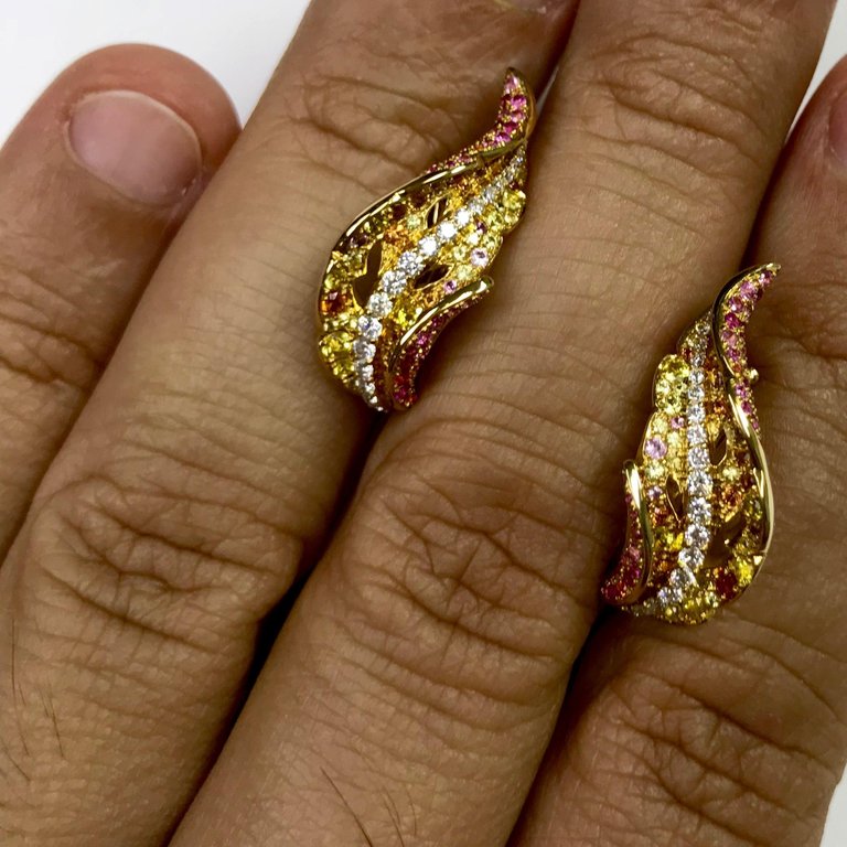 Diamonds, Orange, Yellow and Pink Sapphires 18K Yellow Gold Earrings, E 0042-0
