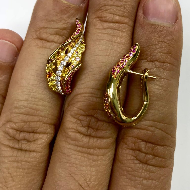 Diamonds, Orange, Yellow and Pink Sapphires 18K Yellow Gold Earrings, E 0042-0