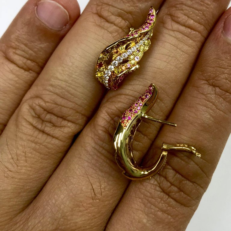 Diamonds, Orange, Yellow and Pink Sapphires 18K Yellow Gold Earrings, E 0042-0