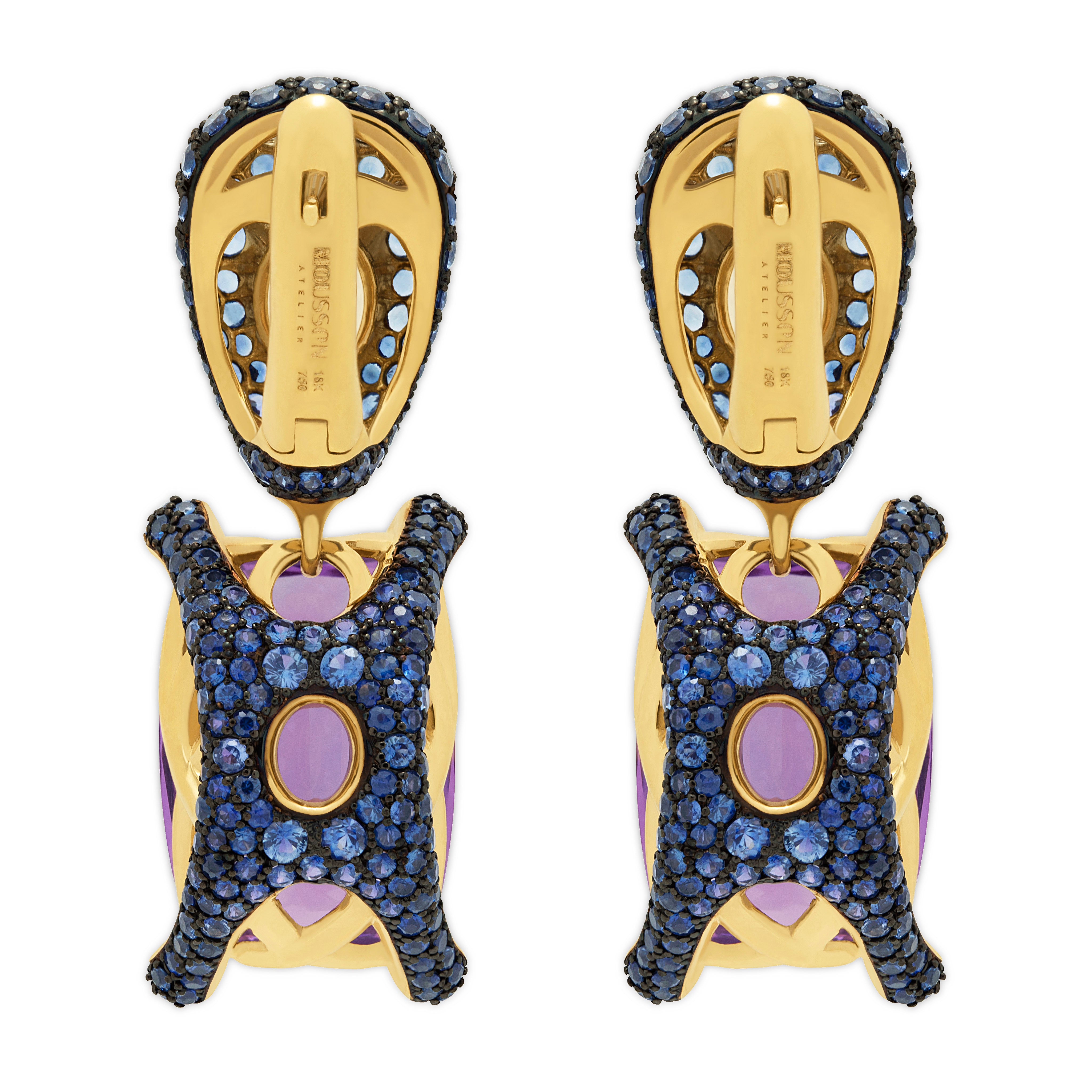 E 0049-1, 18K Yellow Gold, Amethyst, Sapphires Earrings