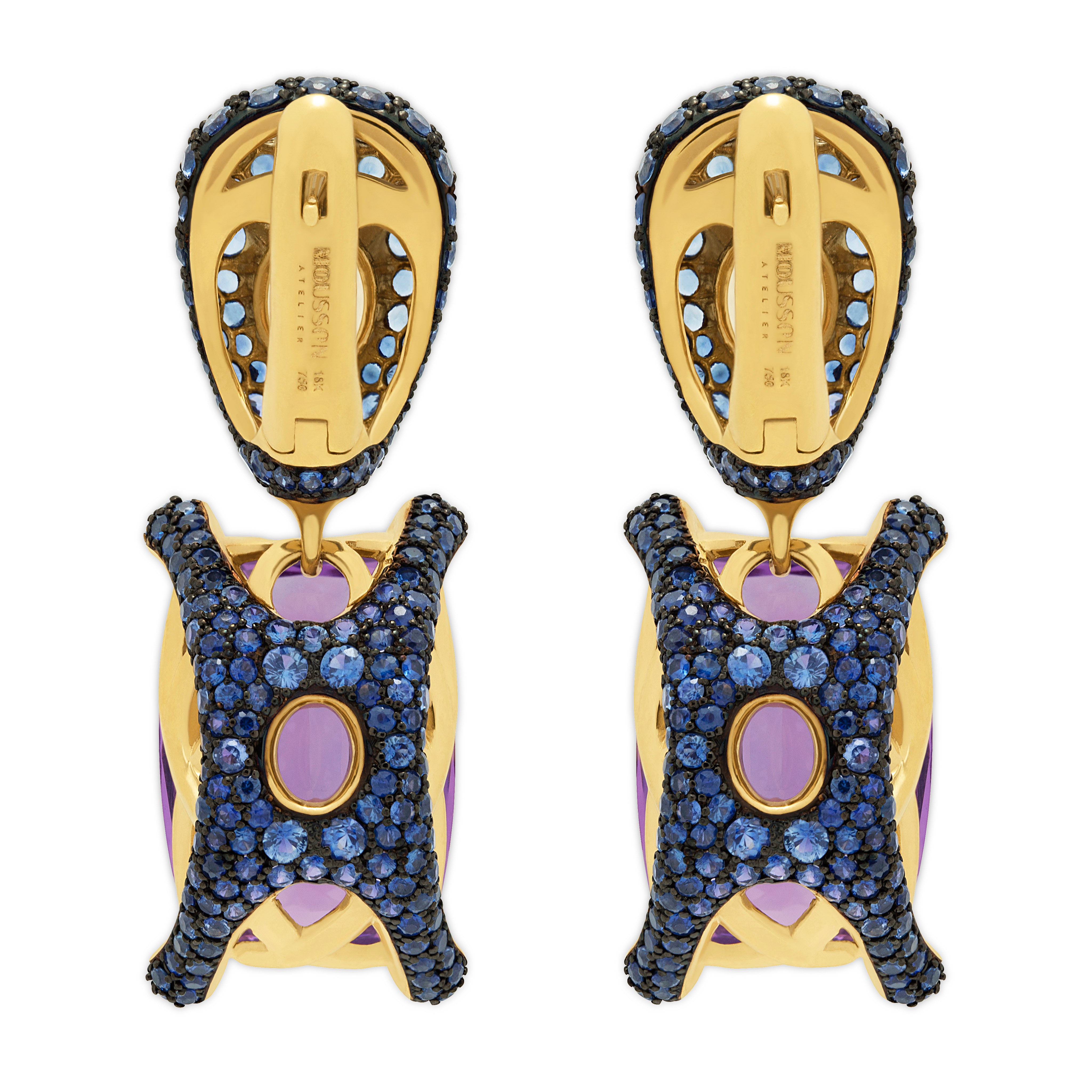 Amethyst, Sapphires 18K Yellow Gold Earrings, E 0049-1