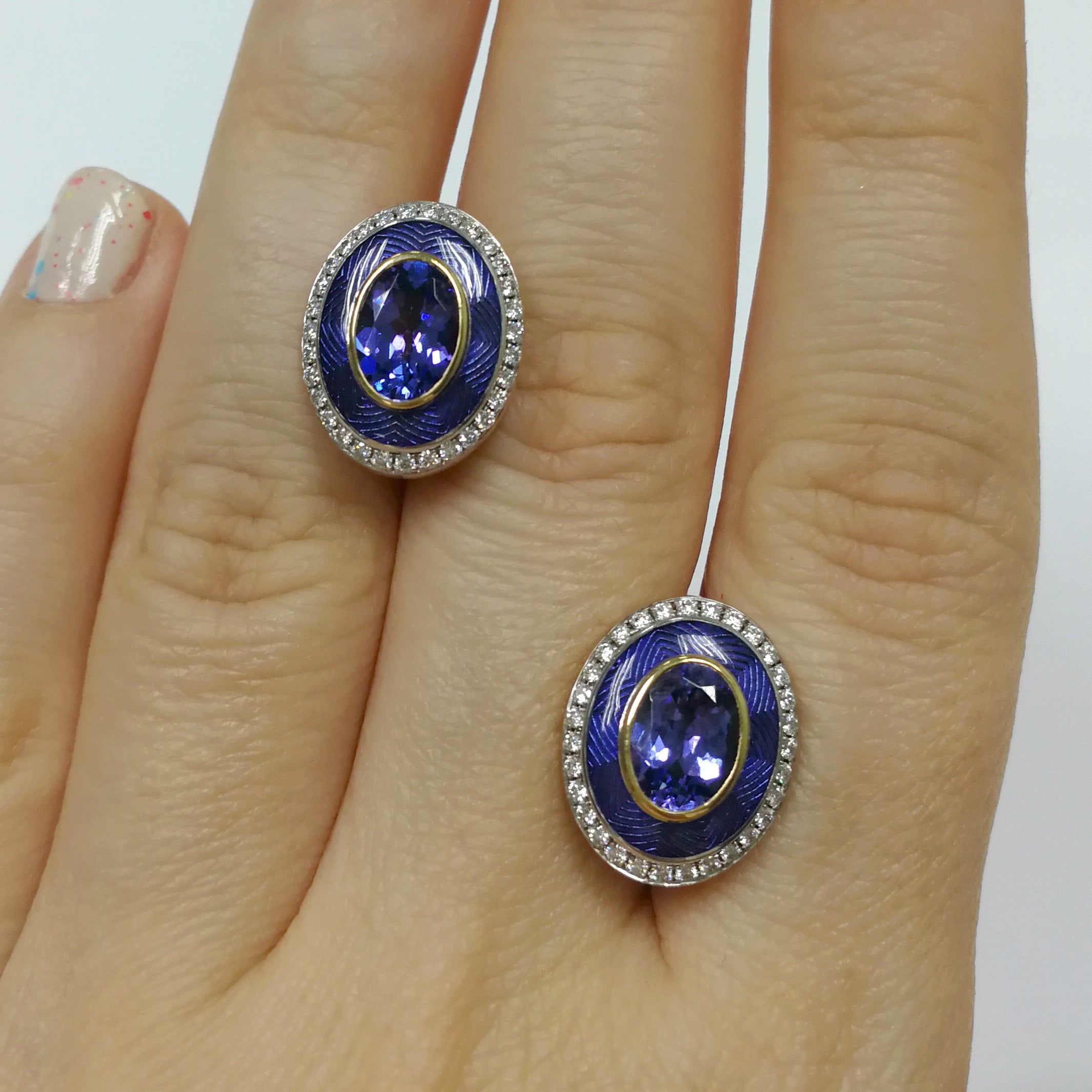 Enamel, Tanzanite, Diamonds 18K Yellow Gold Earrings, E 0084-4