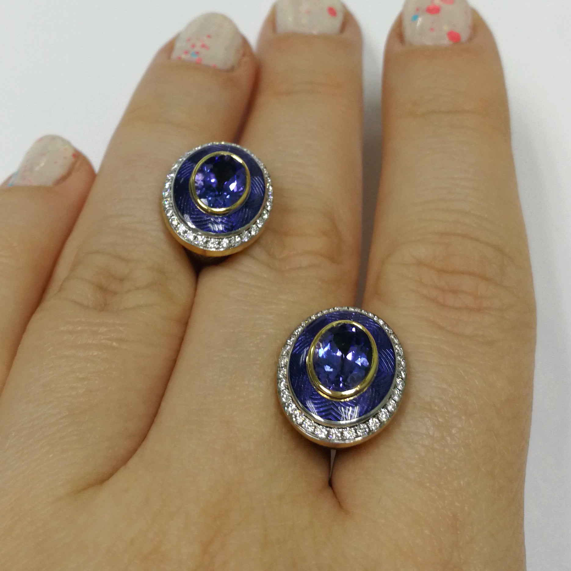 Enamel, Tanzanite, Diamonds 18K Yellow Gold Earrings, E 0084-4