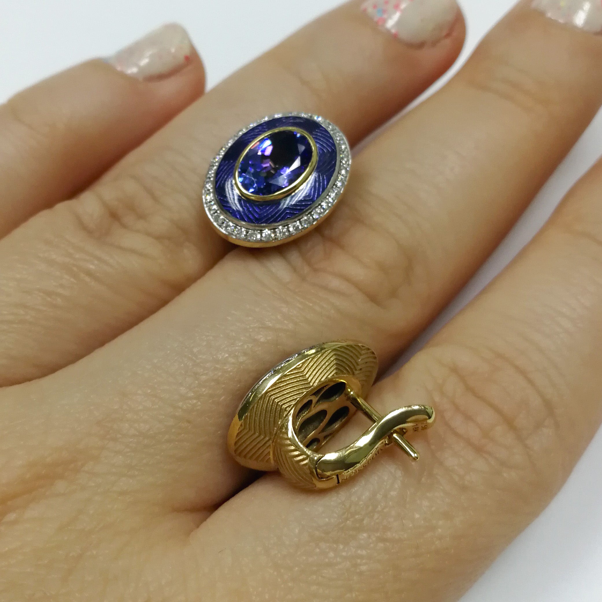 Enamel, Tanzanite, Diamonds 18K Yellow Gold Earrings, E 0084-4