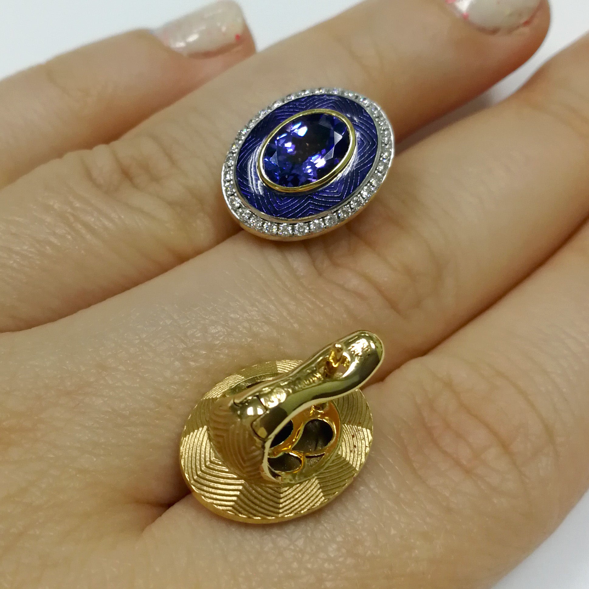 Enamel, Tanzanite, Diamonds 18K Yellow Gold Earrings, E 0084-4