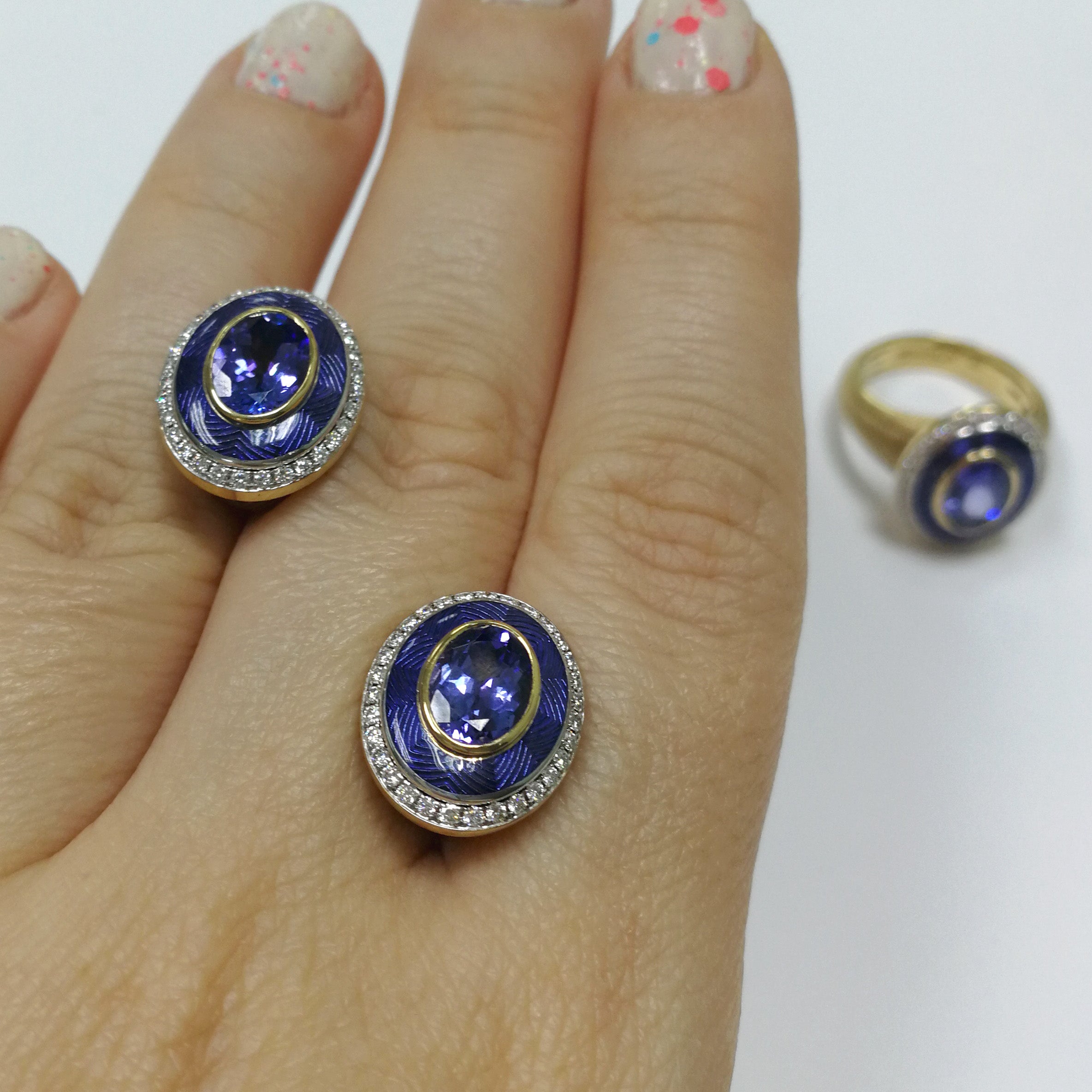 Enamel, Tanzanite, Diamonds 18K Yellow Gold Earrings, E 0084-4