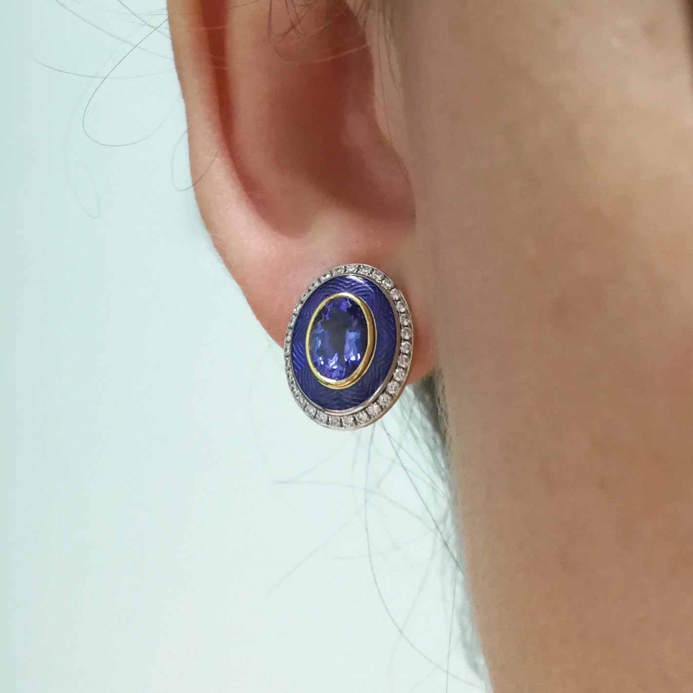 Enamel, Tanzanite, Diamonds 18K Yellow Gold Earrings, E 0084-4