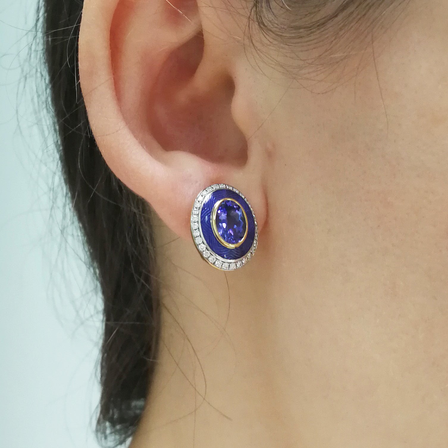 Enamel, Tanzanite, Diamonds 18K Yellow Gold Earrings, E 0084-4