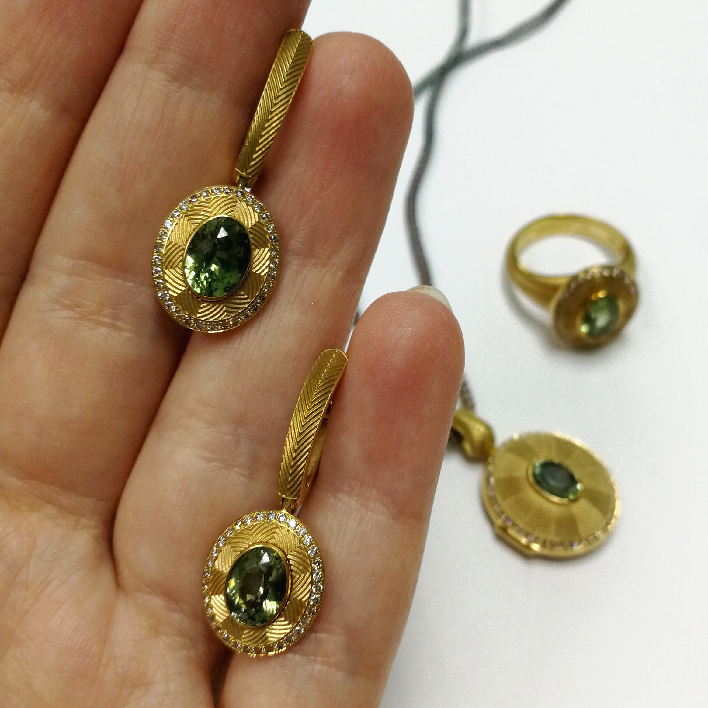 Tourmaline, Champagne Diamonds, 18K Yellow Gold Earrings, E 0084-6