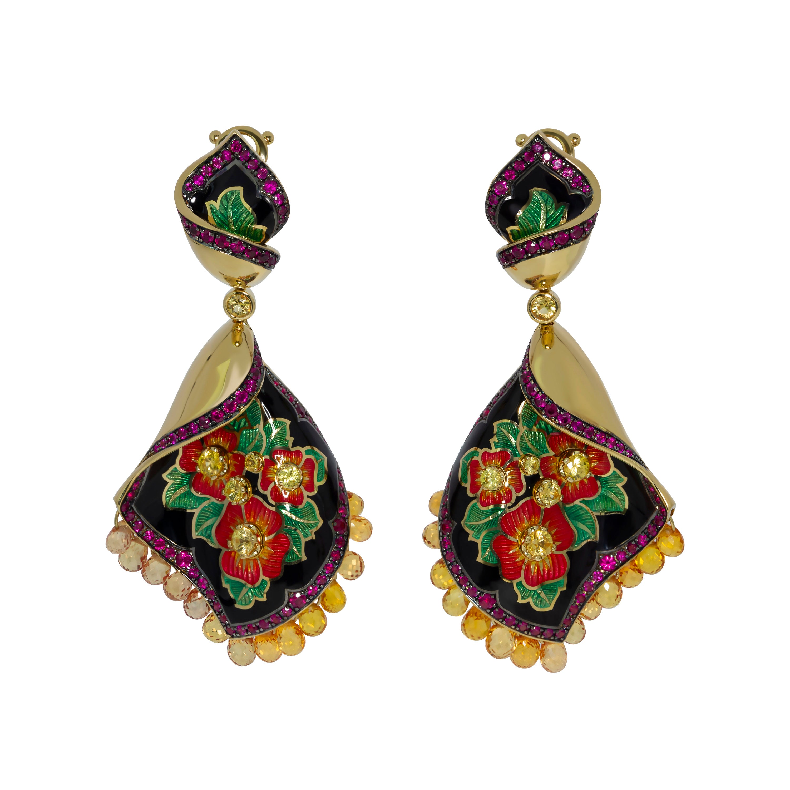 E 0097-2, 18K Yellow Gold, Enamel, Ruby, Yellow and Orange Sapphire Earring