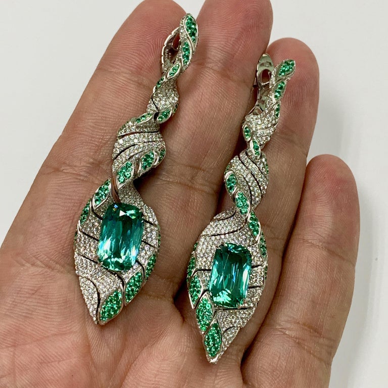 Lagoon Tourmaline, Emeralds, Diamonds 18K White Gold Earrings E 0121-1
