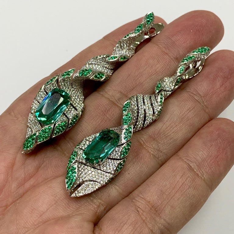 Lagoon Tourmaline, Emeralds, Diamonds 18K White Gold Earrings E 0121-1
