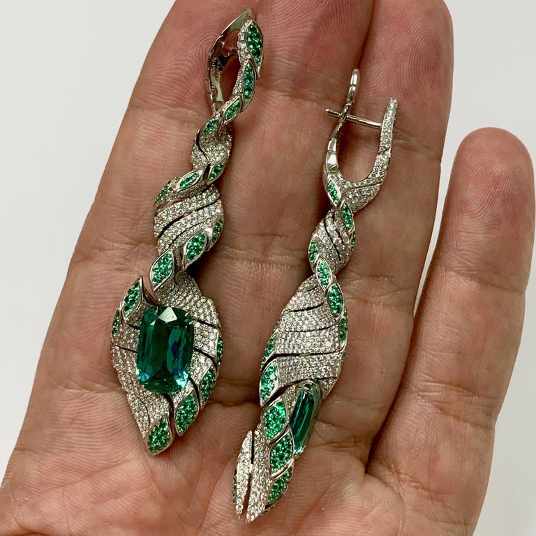 Lagoon Tourmaline, Emeralds, Diamonds 18K White Gold Earrings E 0121-1