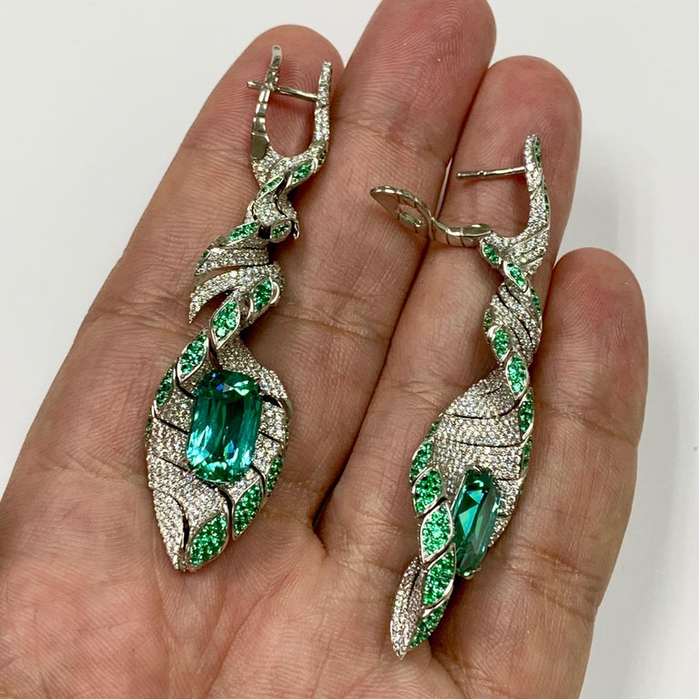 Lagoon Tourmaline, Emeralds, Diamonds 18K White Gold Earrings E 0121-1