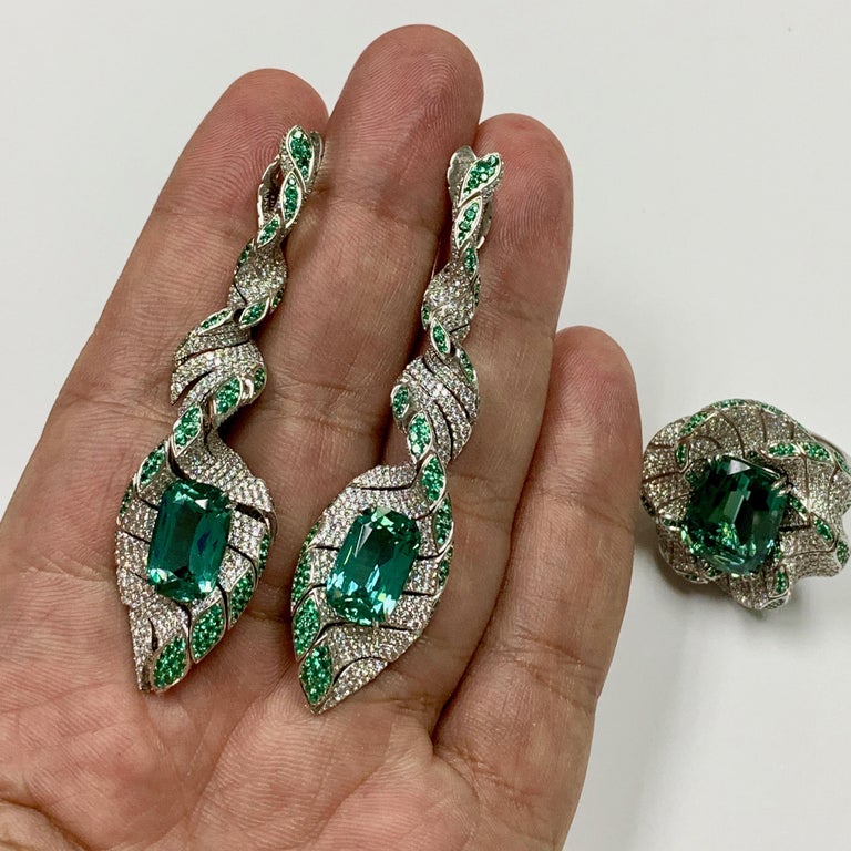 Lagoon Tourmaline, Emeralds, Diamonds 18K White Gold Earrings E 0121-1