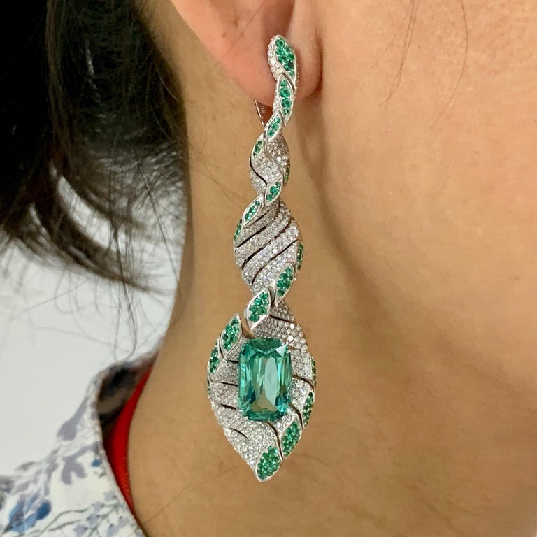 Lagoon Tourmaline, Emeralds, Diamonds 18K White Gold Earrings E 0121-1