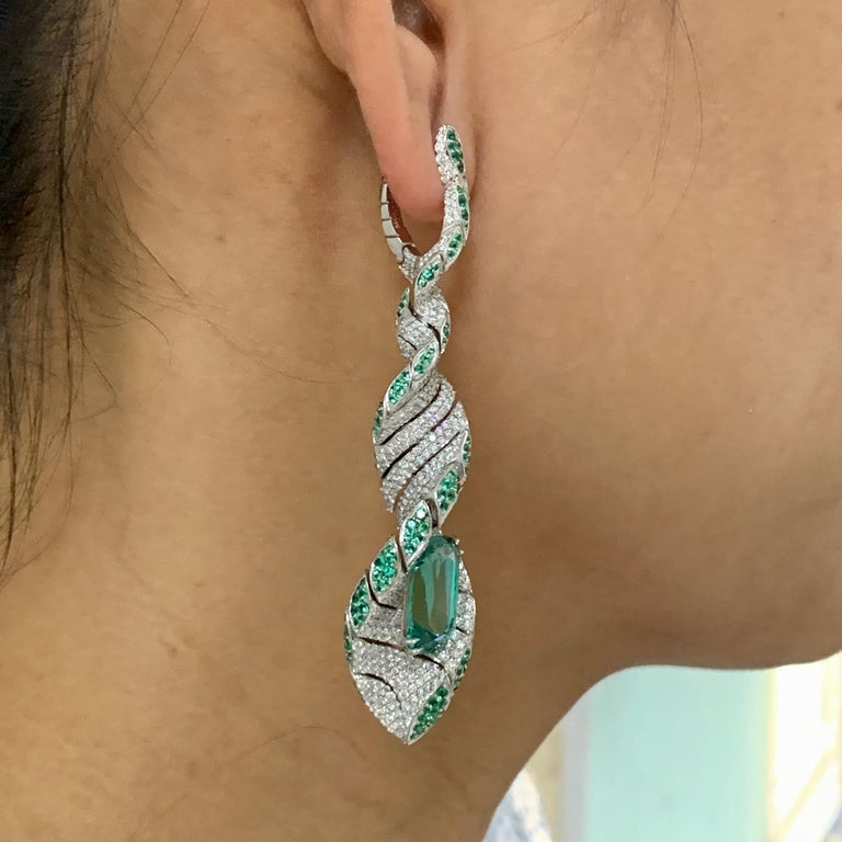 Lagoon Tourmaline, Emeralds, Diamonds 18K White Gold Earrings E 0121-1
