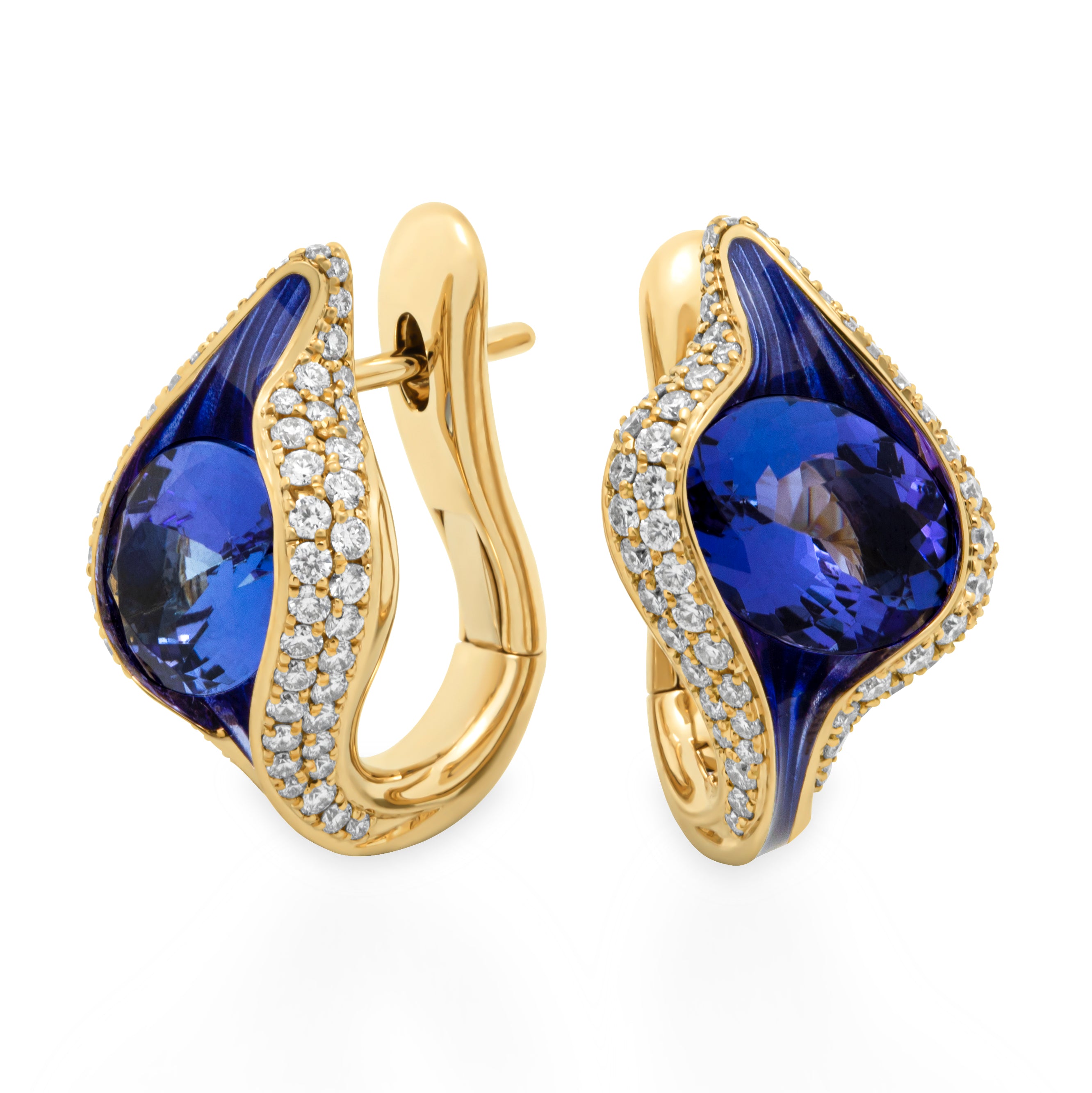 E 0123-0, 18K Yellow Gold, Enamel, Tanzanite, Diamonds Earrings