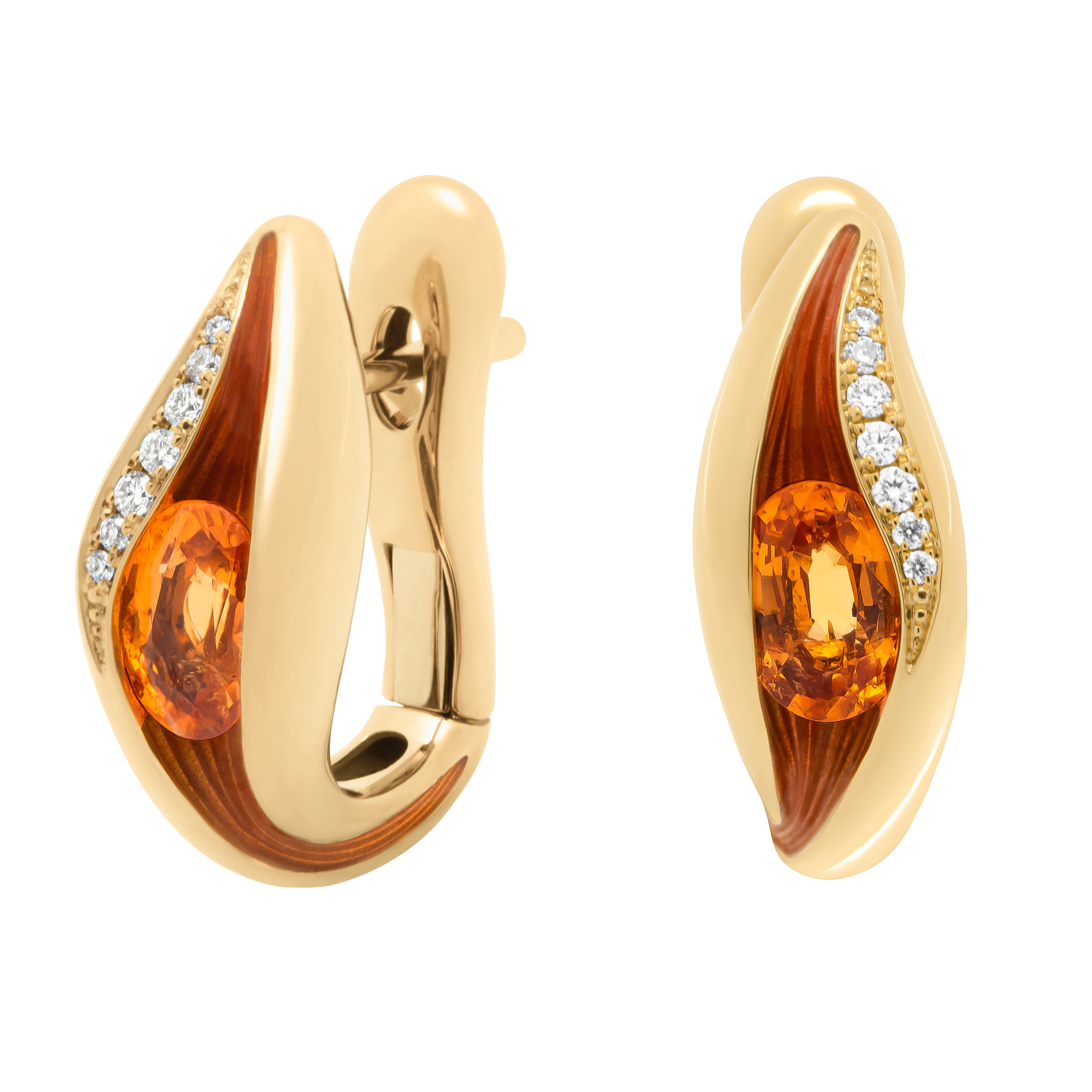 E 0123-60, 18K Yellow Gold, Enamel, Spessartine Garnet, Diamonds Earrings