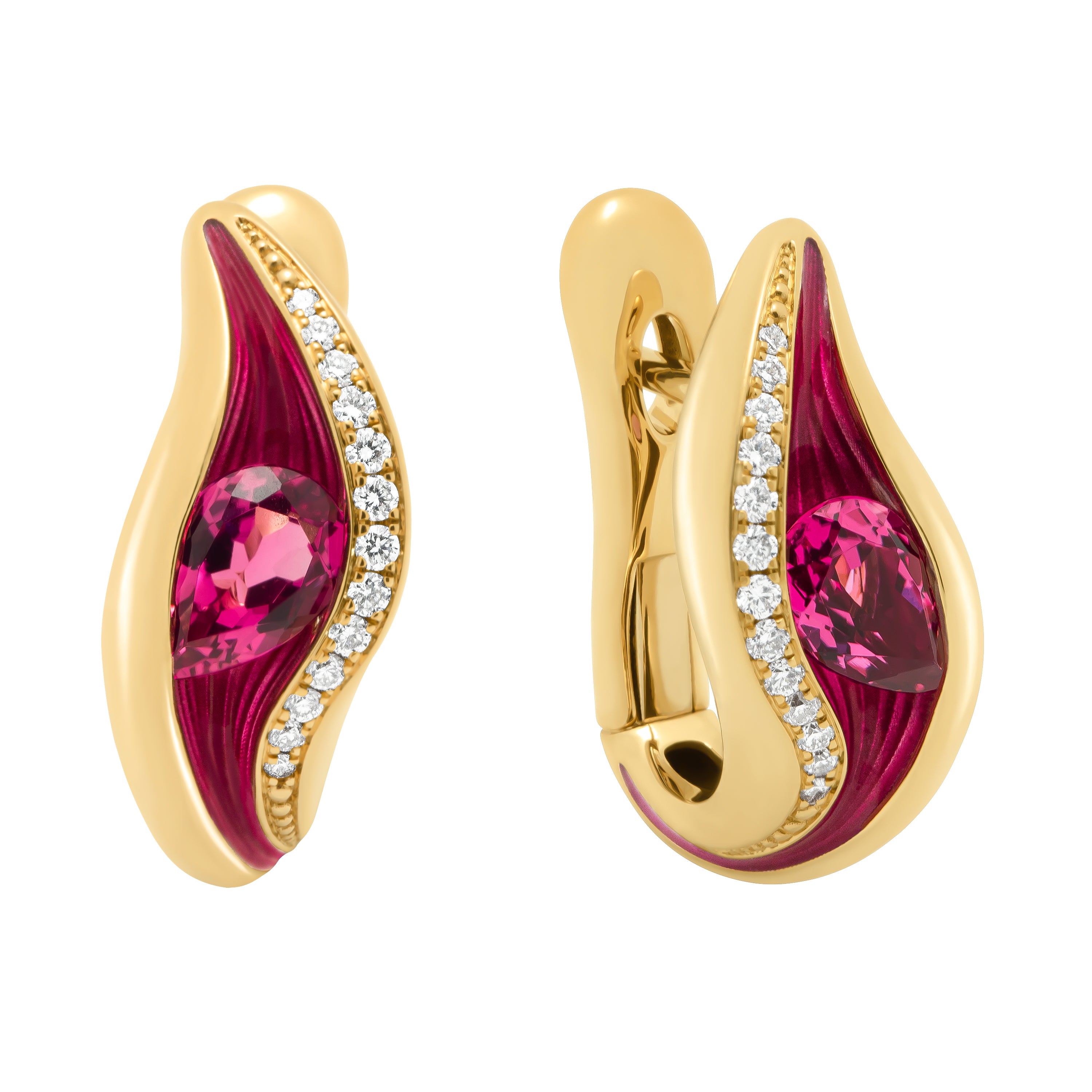 E 0123-70, 18K Yellow Gold, Enamel, Rubellite, Diamonds Earrings