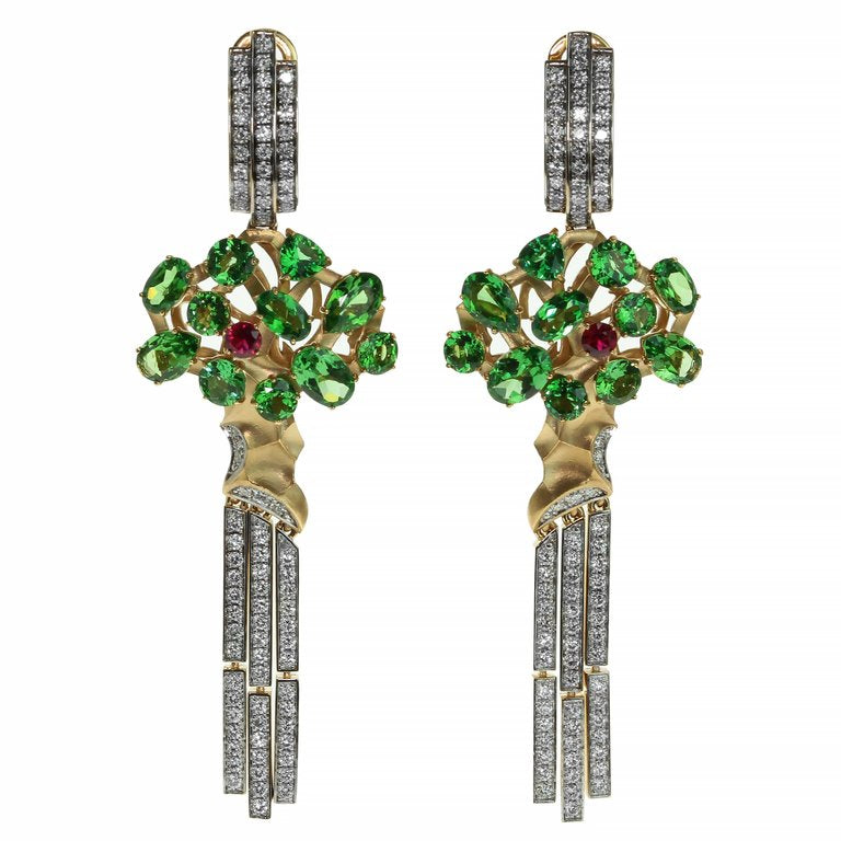 Tsavorite, Ruby, Diamonds 18K Yellow Gold Earrings, E 0145-0