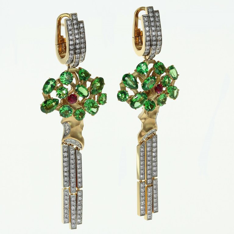 Tsavorite, Ruby, Diamonds 18K Yellow Gold Earrings, E 0145-0