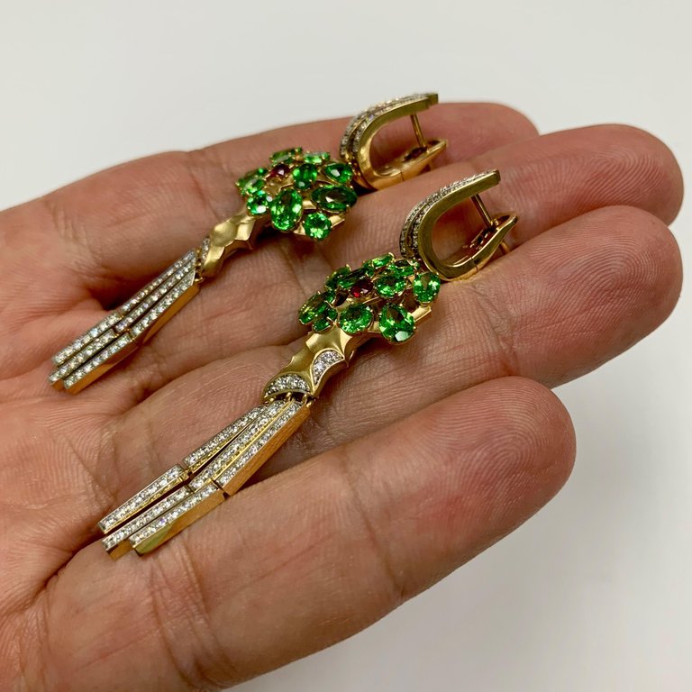 Tsavorite, Ruby, Diamonds 18K Yellow Gold Earrings, E 0145-0