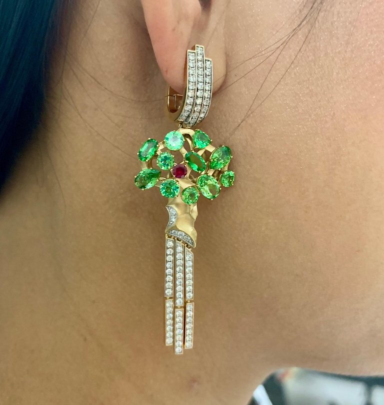 Tsavorite, Ruby, Diamonds 18K Yellow Gold Earrings, E 0145-0