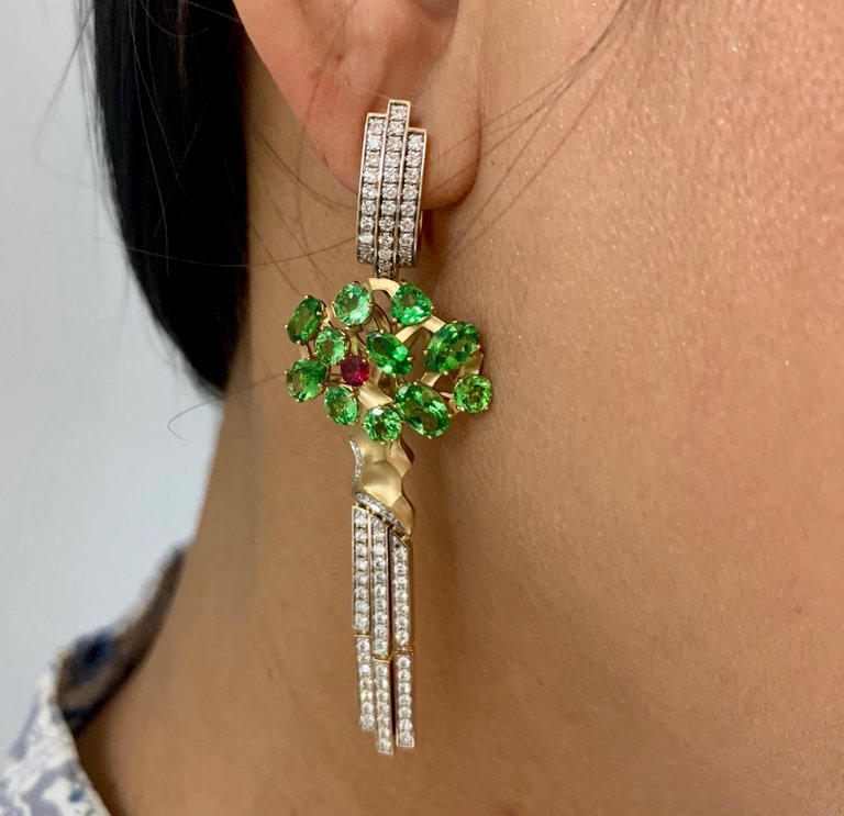 Tsavorite, Ruby, Diamonds 18K Yellow Gold Earrings, E 0145-0