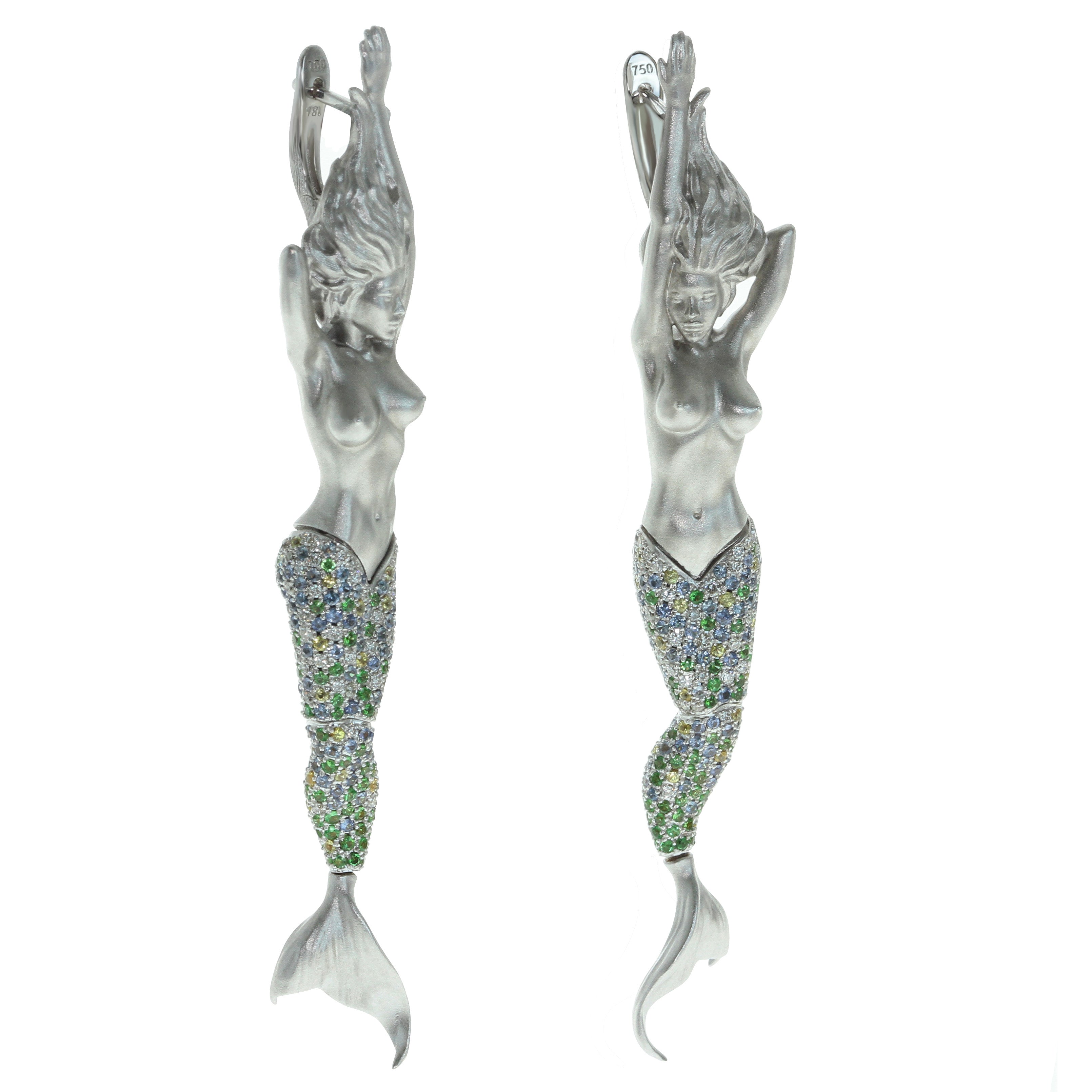 Sapphires, Tsavorites, Diamonds 18K White Gold Earrings, E 0163-0
