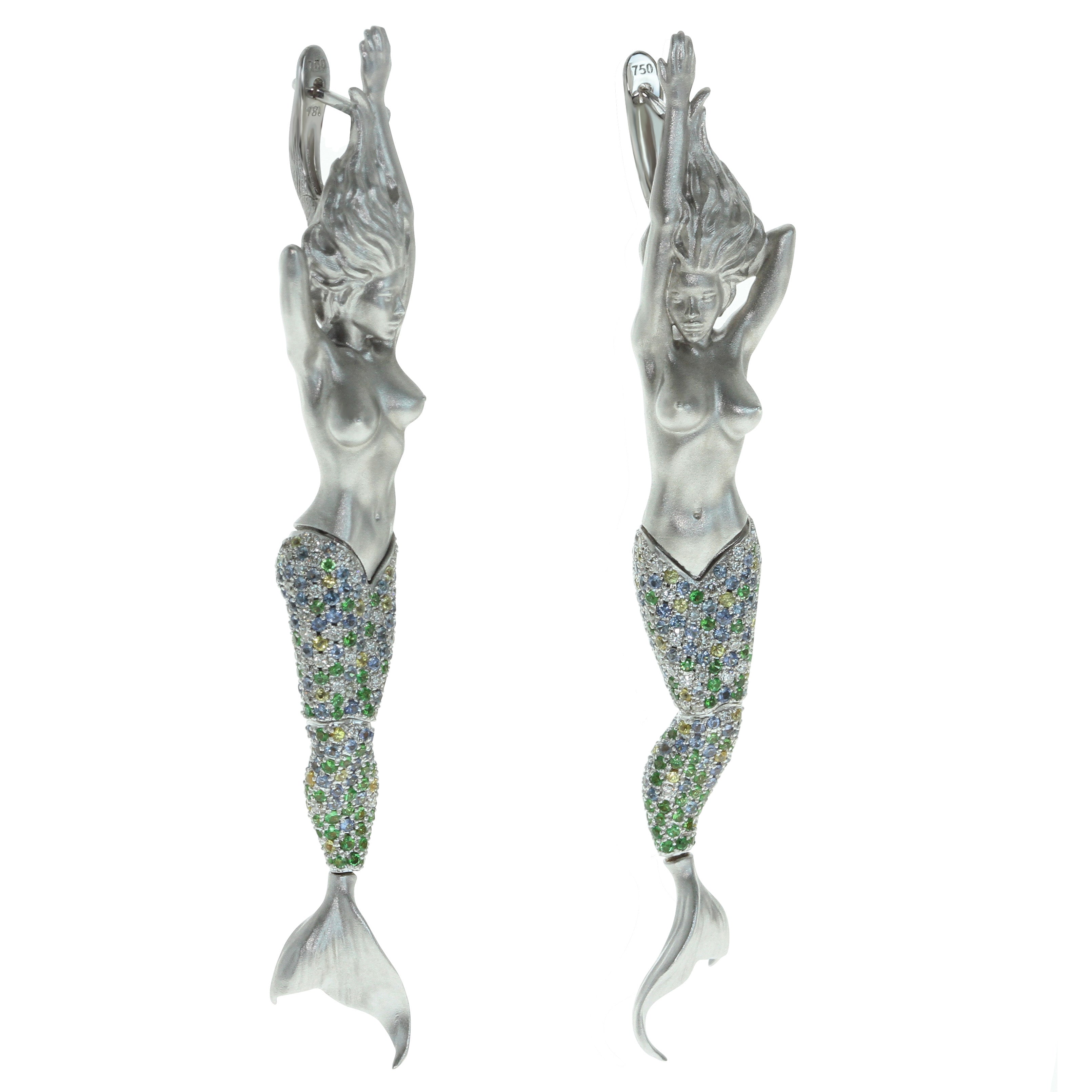 E 0163-0, 18K White Gold, Sapphires, Tsavorites, Diamonds Earrings