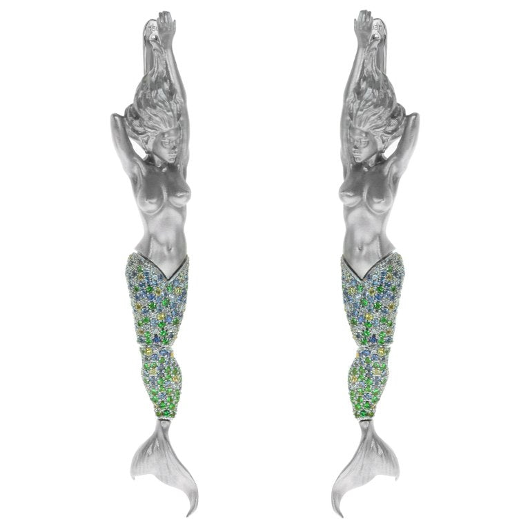 Sapphires, Tsavorites, Diamonds 18K White Gold Earrings, E 0163-0