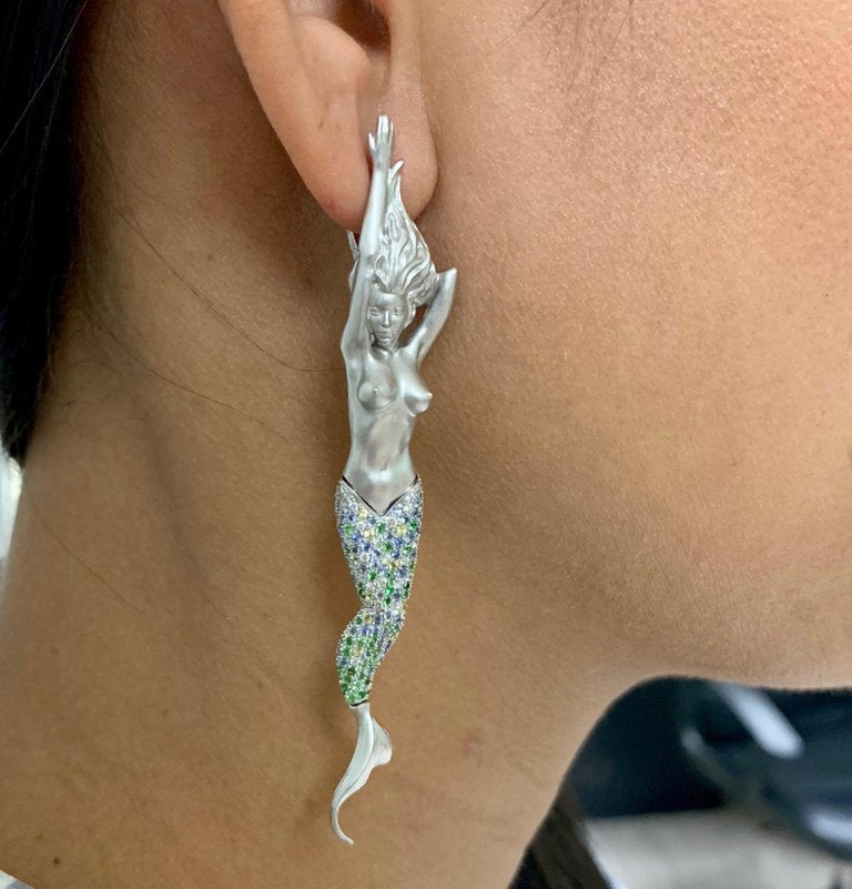 Sapphires, Tsavorites, Diamonds 18K White Gold Earrings, E 0163-0