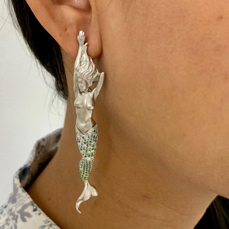 Sapphires, Tsavorites, Diamonds 18K White Gold Earrings, E 0163-0