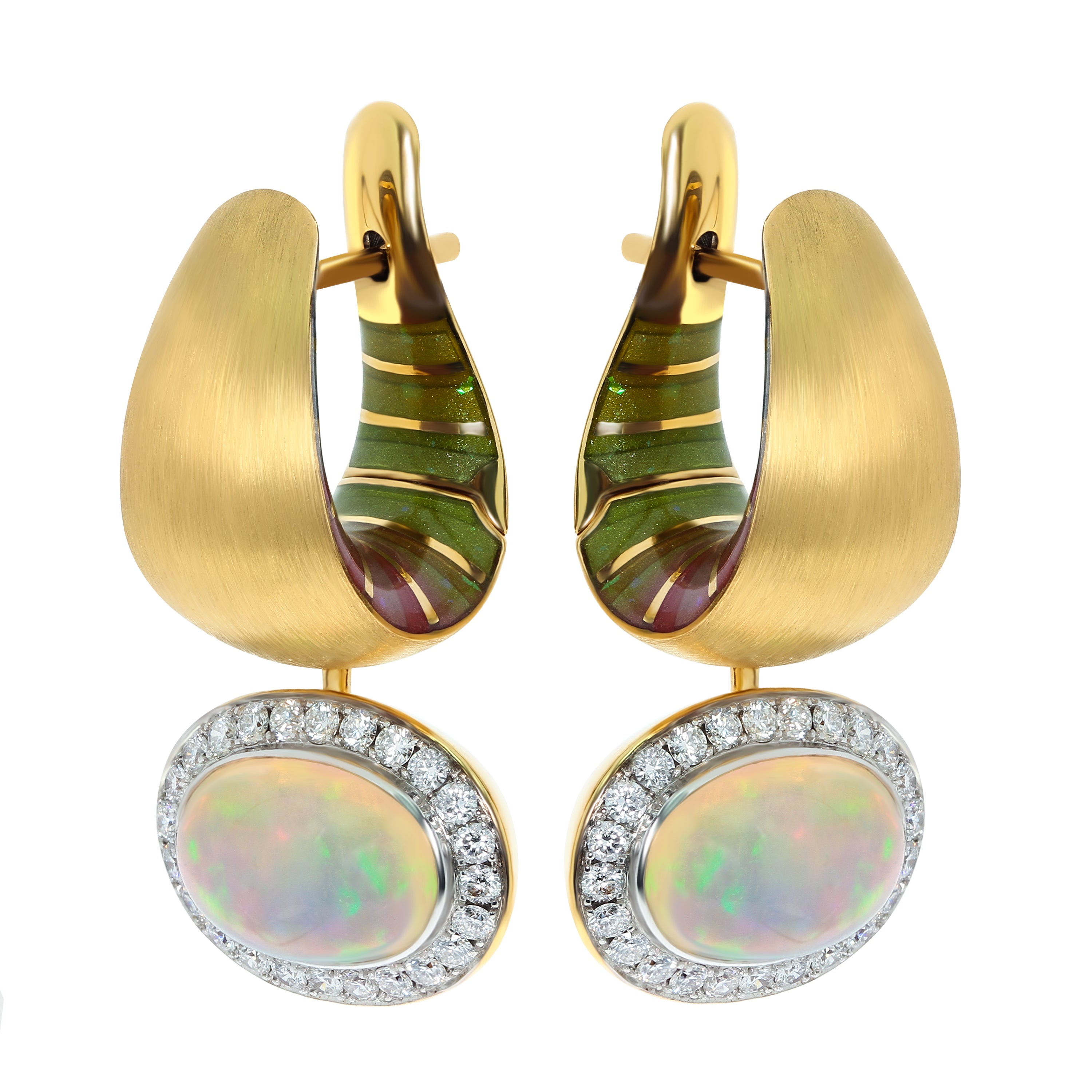 E 0178-61, 18K Yellow Gold, Enamel, Opal, Diamonds Earrings