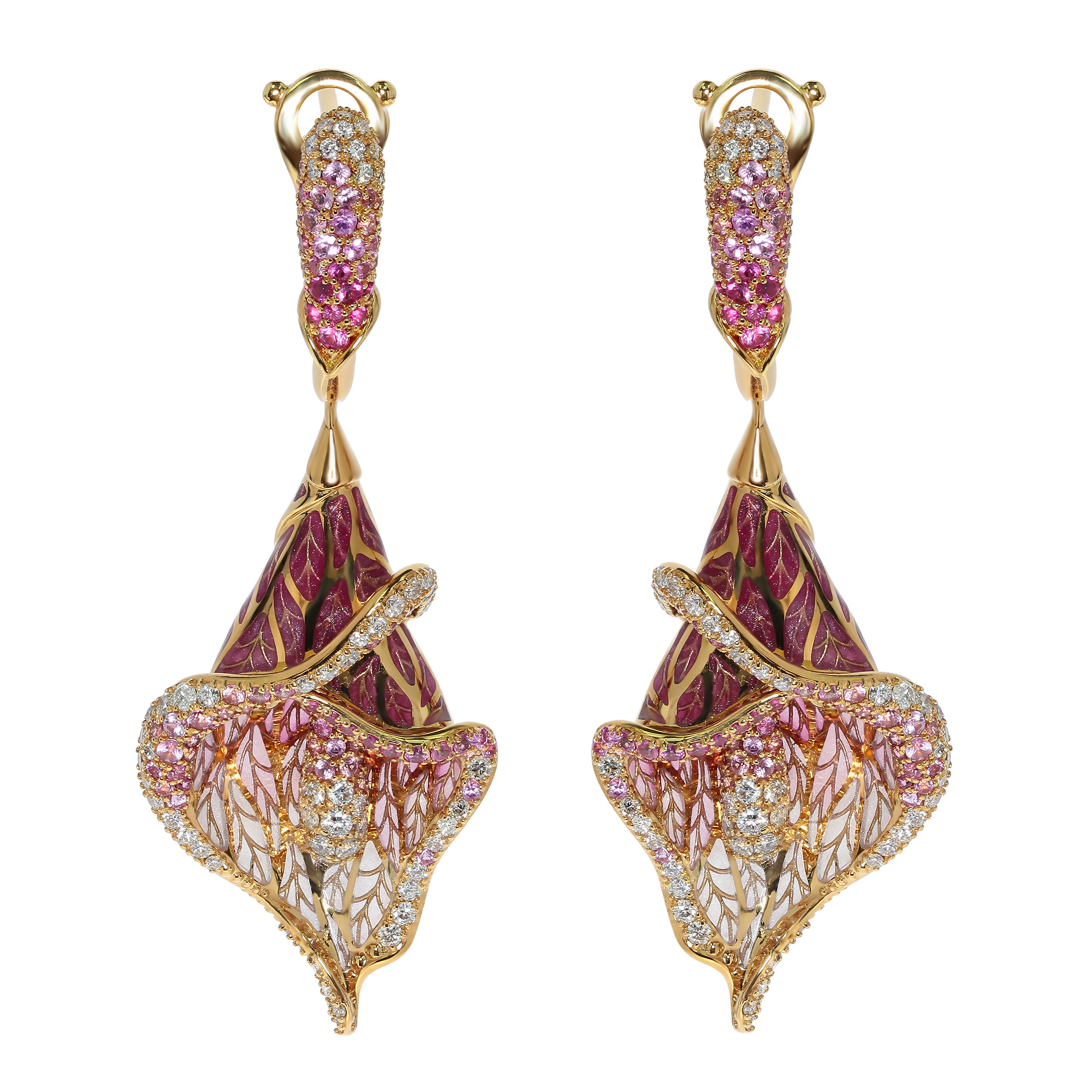 Enamel, Pink Sapphires, Diamonds 18K Yellow Gold Earrings, E 0275-7