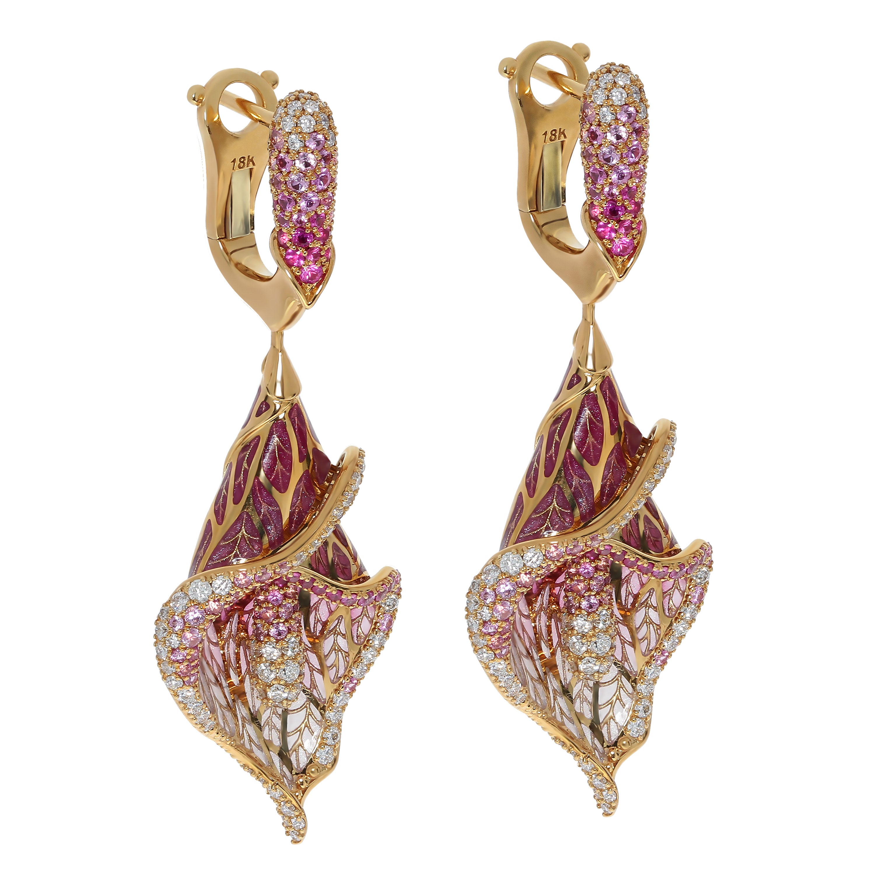 Enamel, Pink Sapphires, Diamonds 18K Yellow Gold Earrings, E 0275-7