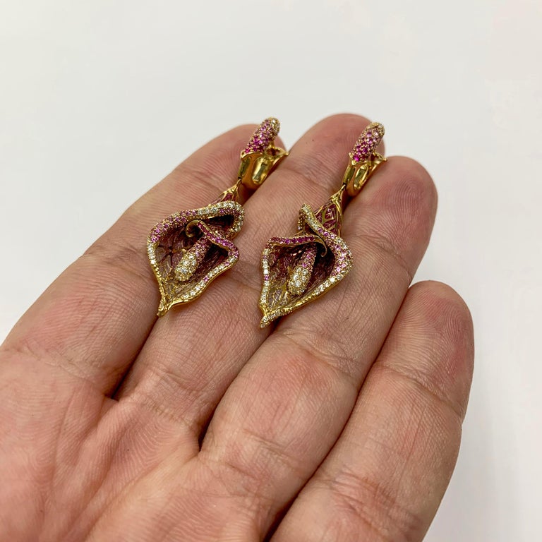 Enamel, Pink Sapphires, Diamonds 18K Yellow Gold Earrings, E 0275-7