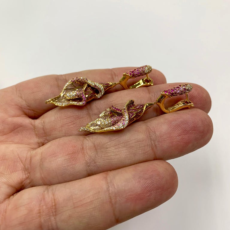 Enamel, Pink Sapphires, Diamonds 18K Yellow Gold Earrings, E 0275-7