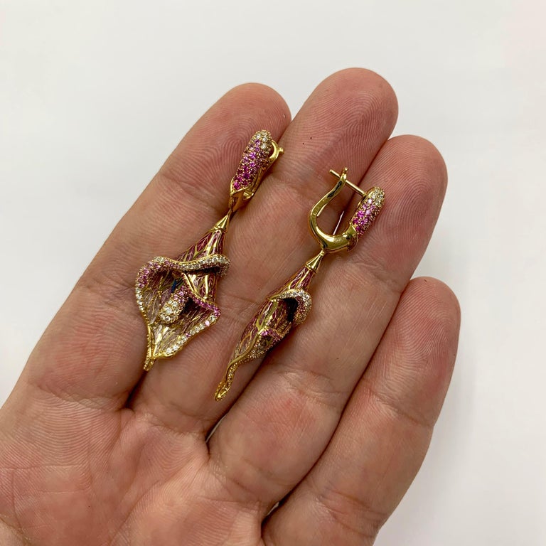 Enamel, Pink Sapphires, Diamonds 18K Yellow Gold Earrings, E 0275-7