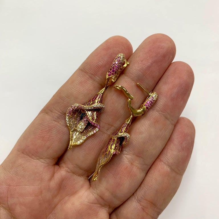Enamel, Pink Sapphires, Diamonds 18K Yellow Gold Earrings, E 0275-7